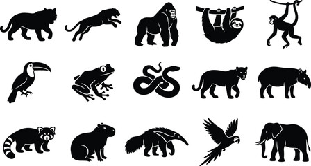Fototapeta premium Jungle and Rainforest Animal Silhouette Icon Set Featuring Tiger, Gorilla, Sloth, Capybara, and Elephant Graphics for Wildlife Conservation and Nature Designs