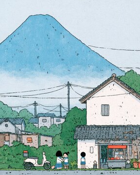 atmospheric illustration of a fictional indonesian village with people and a large mountain in the background