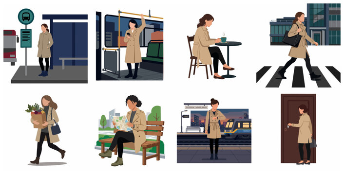 Business woman daily routine vector illustration set. Professional woman in trench coat commuting, shopping, and working in the city. Urban lifestyle activities flat design.