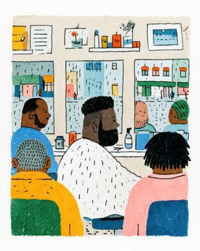 illustrated scene of people inside a barbershop getting haircuts