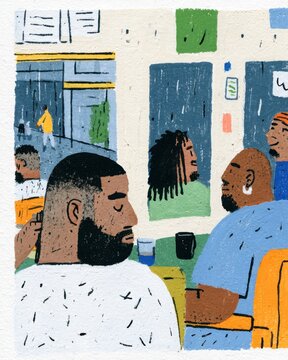 illustrated scene of men getting haircuts in a barbershop