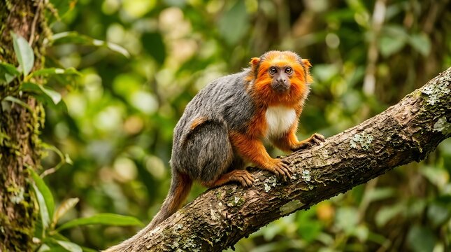 Vibrant Emperor Tamarin monkey perched on a tree branch in lush rainforest
