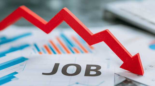 A descending arrow above job charts represents falling employment and economic labor market decline.
