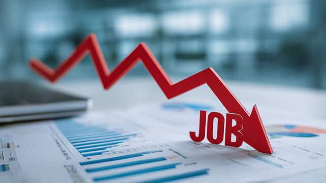 A descending arrow beside the word JOB represents employment decline and weakening labor market conditions.
