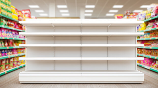 Empty supermarket shelves inside a grocery store represent product shortages and disrupted retail supply.
