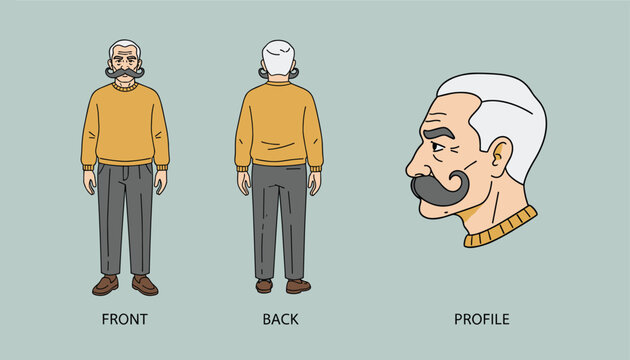 Character reference sheet of an elderly man with a large stylized mustache showing front, back, and profile views.
