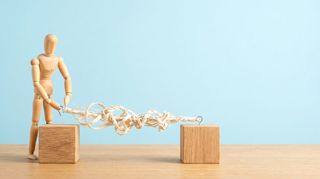 Problem solving and mid-year performance review concept with wooden mannequin untangling complex bridge connection between blocks, copy space for business growth analysis presentation banner