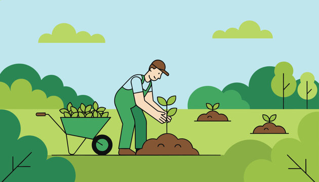 Male professional gardener in green overalls planting a young green sapling in the park next to his wheelbarrow.