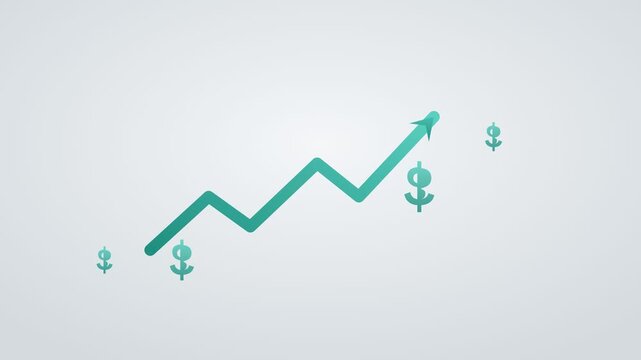 financial growth concept with a rising zigzag arrow and dollar symbols going up, teal color scheme