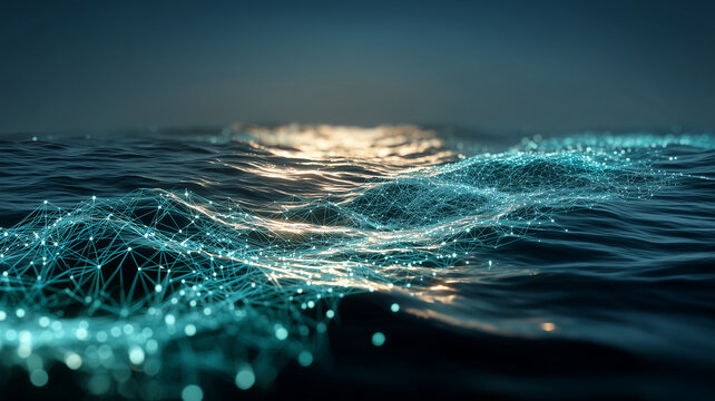 Digital network lines spread across ocean waves representing connected data systems and the flow of information.
