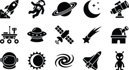 Space Exploration and Astronomy Silhouette Icon Set Featuring Rocket, Astronaut, Planet, Satellite, Telescope, and Alien Graphics for Science Websites and Education Apps © Himu 