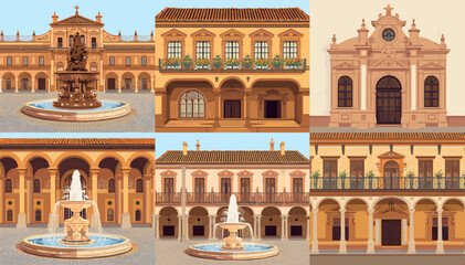 Fototapeta premium Six illustrations of traditional Spanish or Mediterranean architectural facades and courtyards with fountains, featuring arches, balconies, and ornate details.