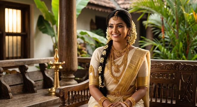 Beautiful Kerala bride wearing an elegant traditional Kasavu wedding saree with authentic South Indian bridal jewelry and timeless cultural heritage in India