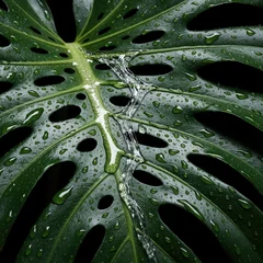 Clear water stream flows over green monstera leaf texture. Tiny rain droplets cover tropical plant foliage surface close up. Natural organic freshness aesthetic pattern with dark background. Dew © Viktor