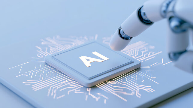 Robot Hand Touch Artificial Intelligence Chip Processor on Circuit Board Microchip CPU Concept of Machine Learning and Digital Computing