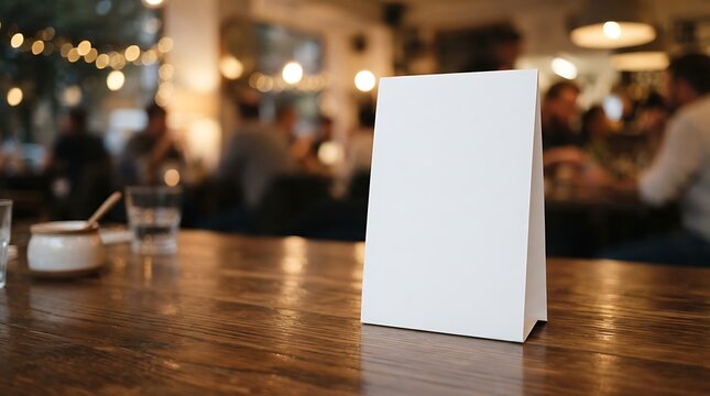 Blank white paper table tent sign sitting on a wooden table in a blurry cafe