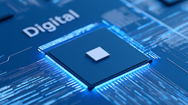 Close-up of a central processing unit on a blue circuit board, featuring glowing light trails and the word "Digital" in a modern, high-tech setting