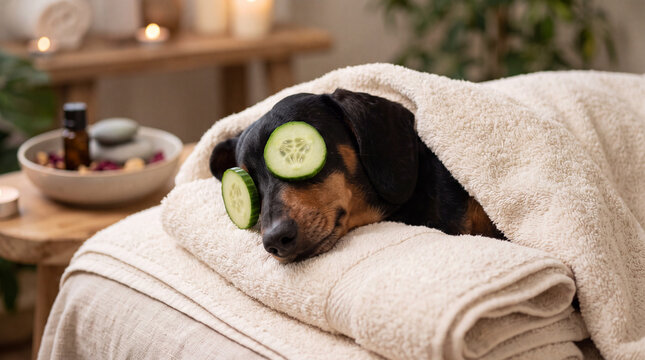 dog dachshund, black and tan, relaxed from spa procedures on face with cucumber, covered with a towel
