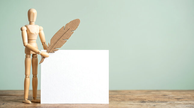 Employee evaluation and mid-year performance review concept with wooden mannequin holding feather quill on blank card, copy space for business growth presentation banner