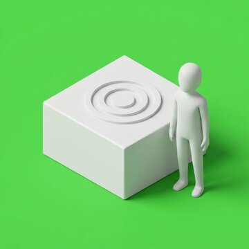 Isometric 3d character standing beside a white cube on green background