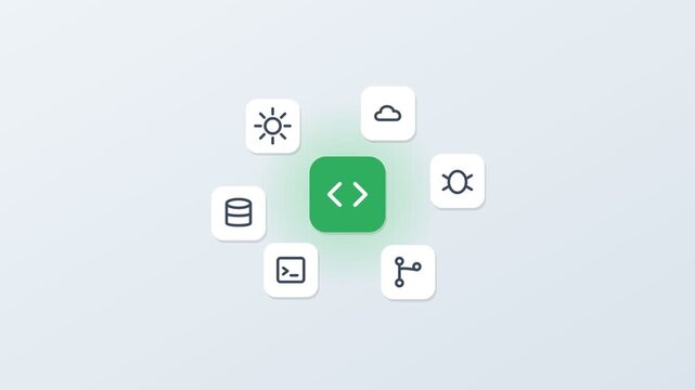 3D floating app icons around a central code tile, gear, cloud, database and terminal, green accent color