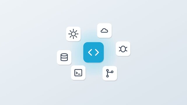 3D floating app icons around a central code tile, gear, cloud, database and terminal, cyan accent color