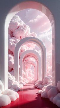 White glossy arches form long path leading into pink fluffy clouds. Dreamy tunnel passage creates surreal atmosphere with soft pastel light. Abstract architectural hallway extends to horizon under