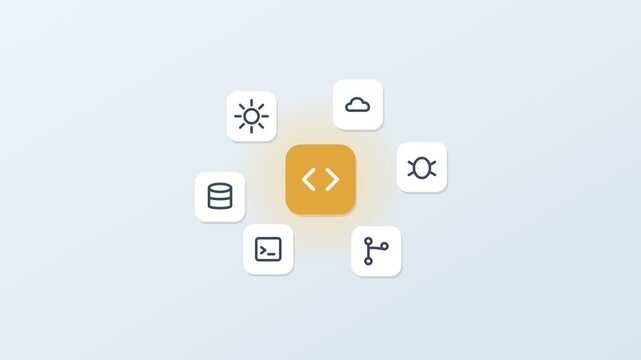 3D floating app icons around a central code tile, gear, cloud, database and terminal, gold accent color