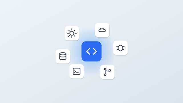 3D floating app icons around a central code tile, gear, cloud, database and terminal, blue accent color