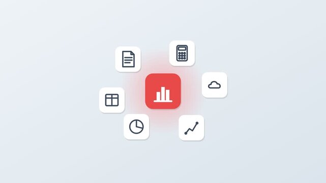 3D floating app icons around a central data chart tile, documents, calculator and graphs, red accent color