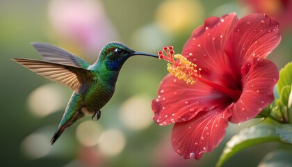 Fototapeta premium A vibrant green hummingbird hovering near a red hibiscus flower drinking nectar in a lush garden setting for a nature biodiversity concept with macro bokeh detail