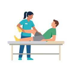 Fototapeta premium Physiotherapist assisting patient with leg exercises on medical table