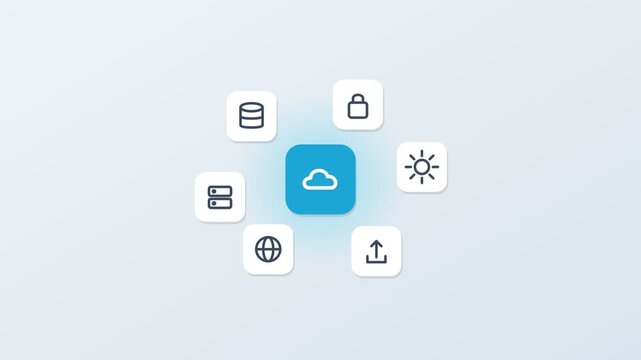 3D floating app icons around a central cloud tile, database, lock, server and globe, cyan accent color