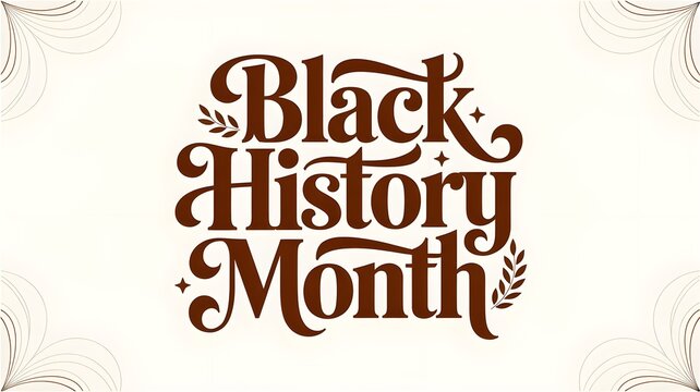 Black history month elegant typography design with decorative leaves and stars, brown text on a light cream background with corner line art flourishes