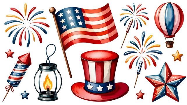Patriotic 4th of july elements set with american flag, top hat, fireworks, lantern, hot air balloon, and stars isolated on white background
