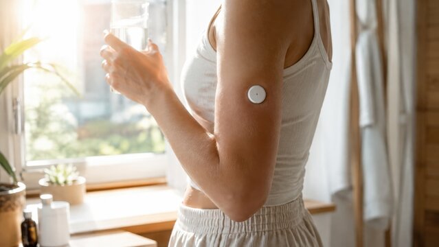 Woman with glucose monitoring sensor by window at home