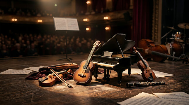 An assortment of musical instruments including a grand piano, guitar, violins, and clarinet arranged on a dimly lit stage for a performance.