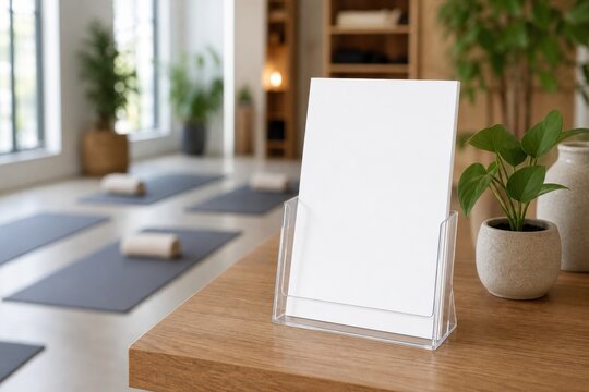 White flyer mockup in holder on yoga studio reception desk