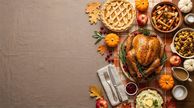 Traditional thanksgiving dinner table with roasted turkey and various side dishes on brown background