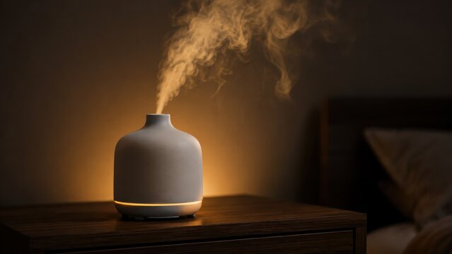 White ceramic aromatherapy diffuser with glowing mist on nightstand