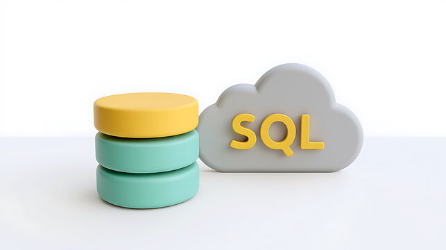 Minimalist 3D render of a database stack and cloud with SQL text, symbolizing data storage, processing, and modern cloud computing technology