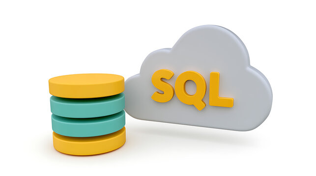 Database Stack and Cloud with SQL Text - Modern Data Management Concept for Digital Storage and Information Processing on White Background
