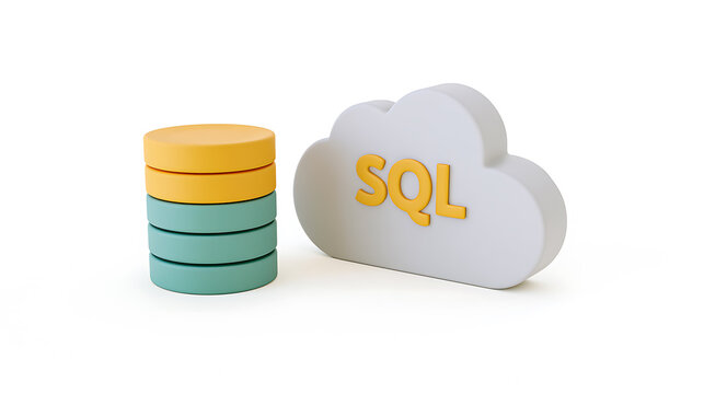 Cloud computing database concept with abstract data stack and SQL text on white background, illustrating digital storage and management solutions