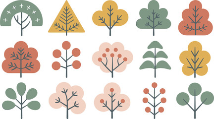 Minimalist Abstract Tree and Plant Vector Icon Set Featuring Geometric Shapes Pastel Colors Berries Leaves and Scandinavian Style Foliage Graphics for Nature Designs © mstSultanaAkter