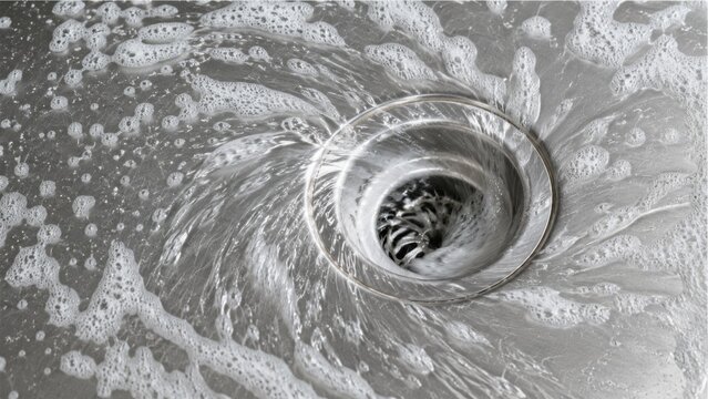Soapy water swirling into commercial kitchen floor drain