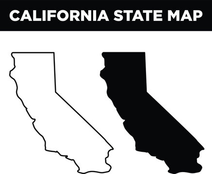California state map outline and solid black silhouette shape icons representing the us state of california for geography education and travel design projects