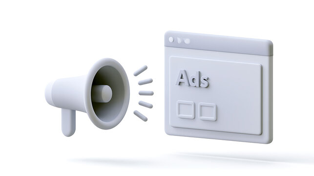 Digital marketing concept with a 3D rendered megaphone and a web browser window displaying advertisement content on a clean white background