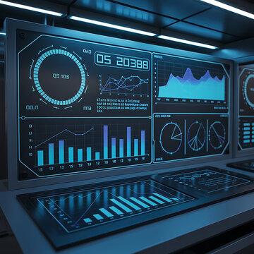 Futuristic Data Dashboard: A sophisticated digital dashboard displays complex data visualizations, including graphs, charts, and numerical readouts, on multiple screens.