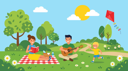 Naklejka premium Happy family having a picnic in the park on a sunny day with father playing guitar, mother reading book, and son flying a kite