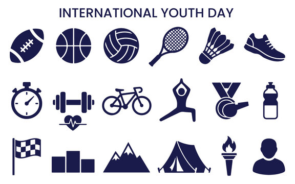 International Youth Day flat icons representing sports recreation and achievement on a white background